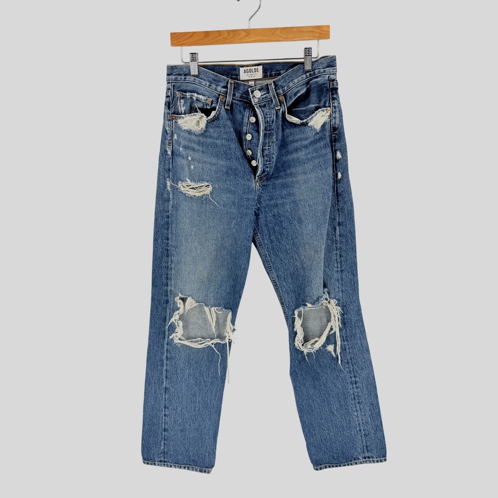 AGOLDE 90s Fit Jeans Blue 28 Distressed High Rise Straight Leg Edgy Ripped